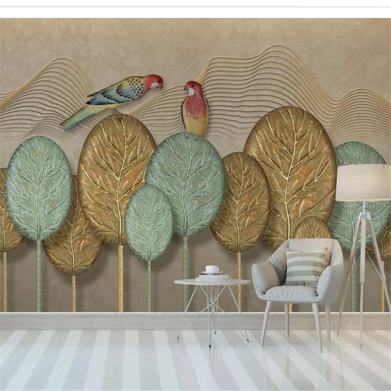 

wellyu wall papers home decor Custom wallpaper Nordic hand painted golden leaves parrot background wall decorative painting