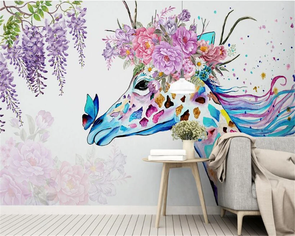 

beibehang Classic interior three-dimensional wall paper Nordic hand painted giraffe flower background 3d wallpaper decoration