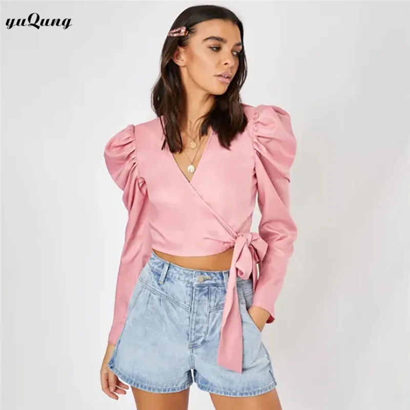 Yuqung Vintage Long Puff Sleeve Blouse Shirt Women Satin V Neck Crop Blouse Female Lace Up Crop Top and Blouses Chemisier Femme