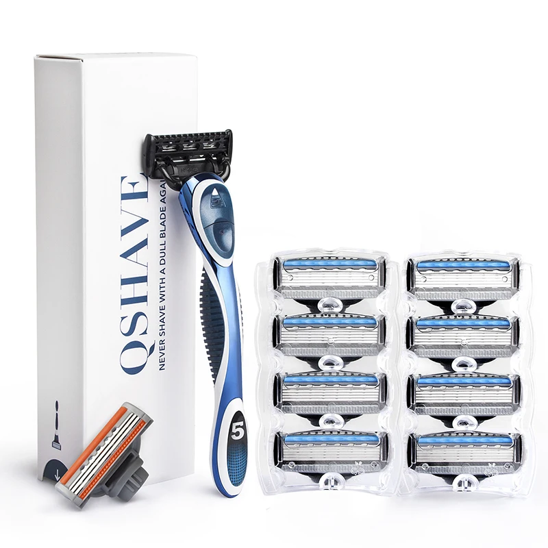 QShave Blue Men Shaving Razor, 1 Handle & 10 Cartridges(1pc X3 Blade, 9pcs X5 Blade)