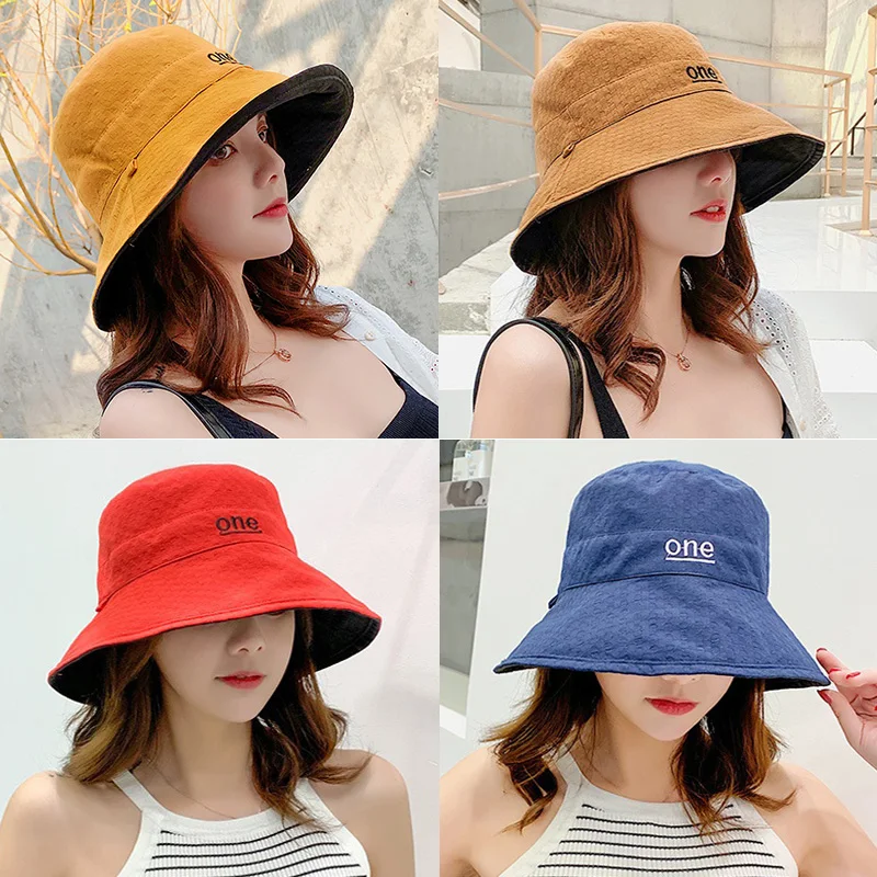 Embroidery Fisherman Hat Female Summer Sunscreen Sun Shade Korean Version Double-sided Cotton Hemp Hats Women Bucket Cap H255