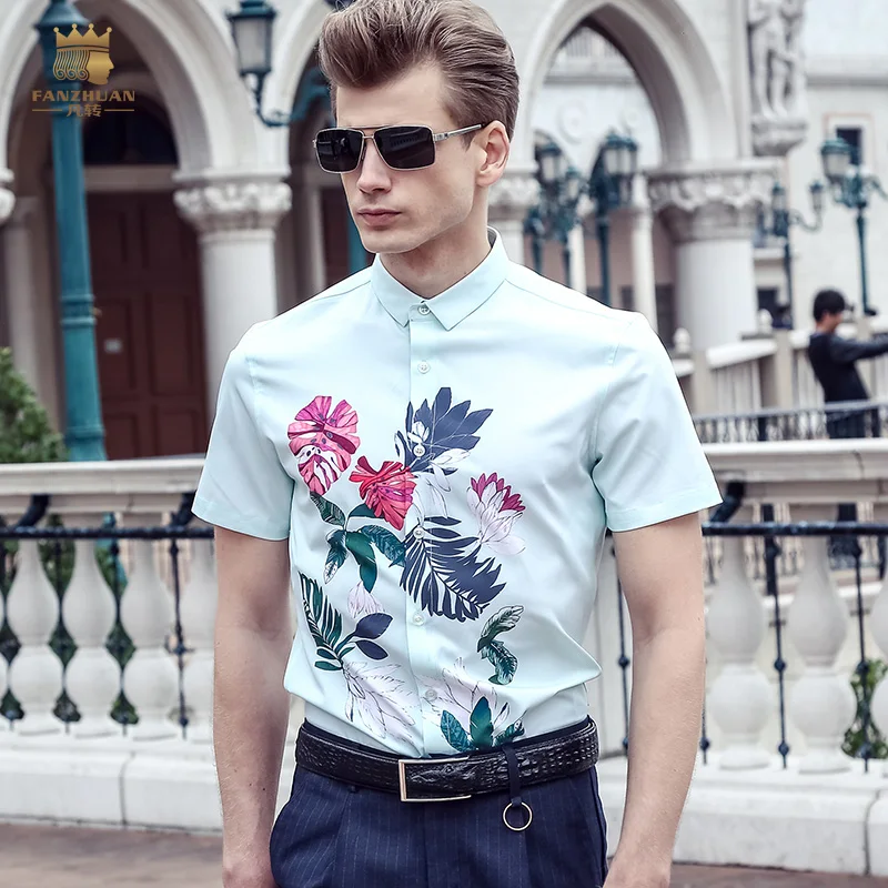 

Fanzhuan Free Shipping New fashion casual male men's short sleeved summer elasticity Printed shirt 713070 blouse pink slim