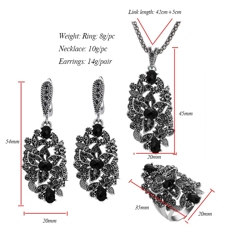 Ajojewel Brand Vintage Jewelry Sets For Women Black Crystal Hollow Flower Necklace Earrings Ring Unique Gifts