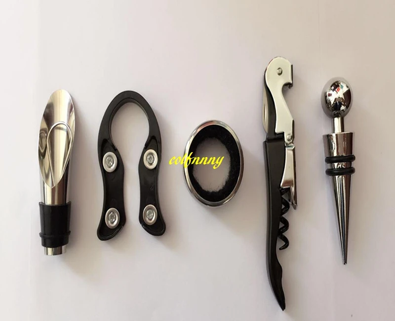 200sets/lot 5 in 1 kit hippocampus Red Wine bottle opener+ Paper cutting knife+ wine Ring + bottle stopper + Wine pourer