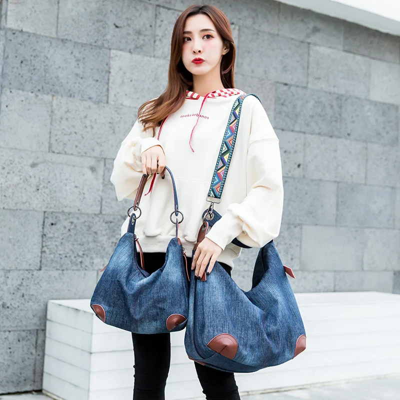 Leather shoulder strap large luxury ladies denim handbag big shoulder bag blue jeans handbag Jean Denim Tote Crossbody ladies