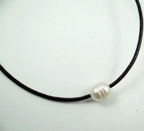 brown Genuine Leather white Freshwater Pearl Handmade Jewellery Necklace R66