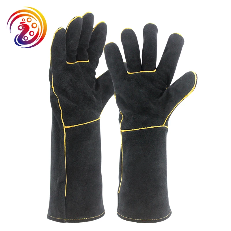 Black Welding Work Gloves For Gardening/ Wood Stove/ Anti-bite/ Heavy Duty / Fireplace /BBQ Heat Resistant Cow Split