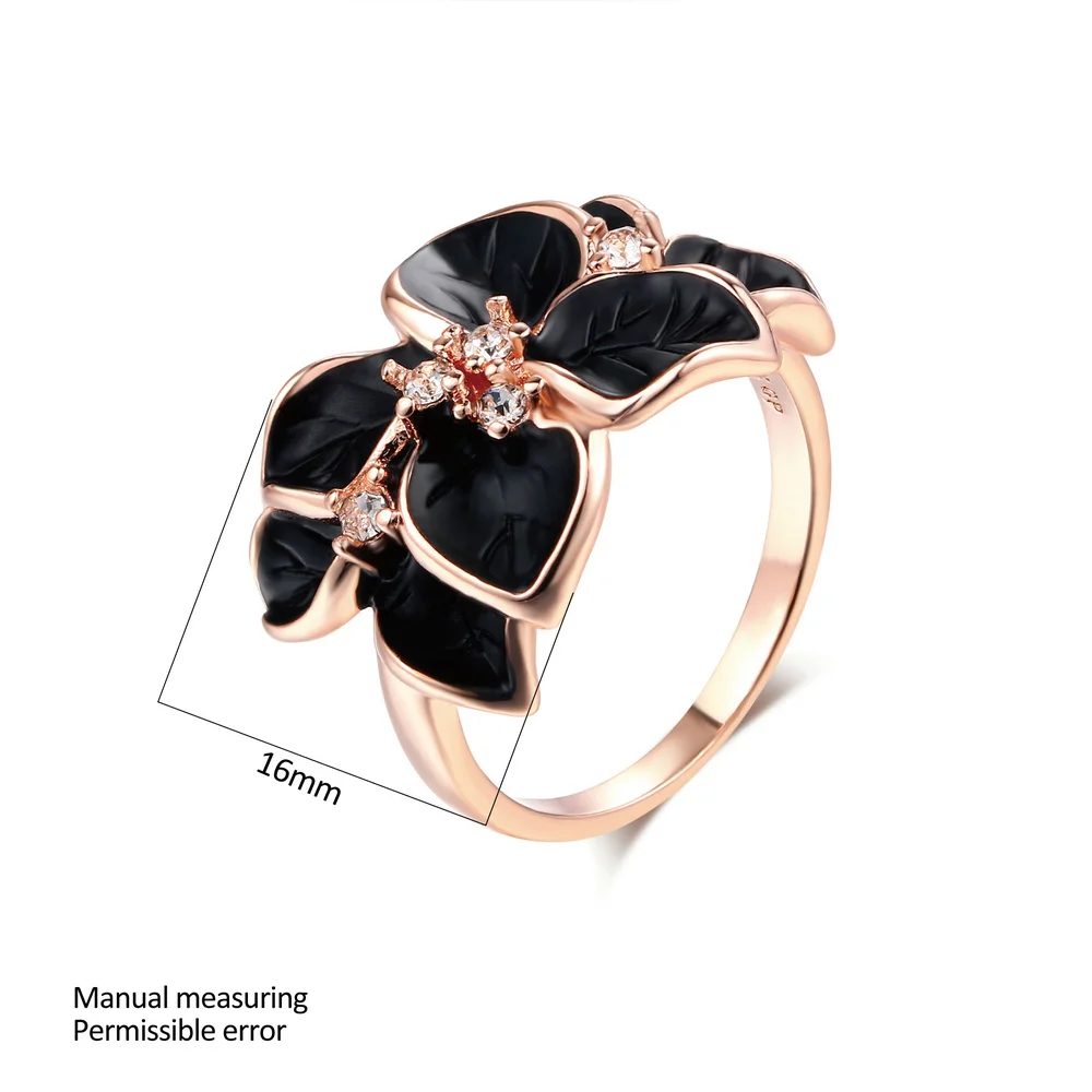 Double Fair Brand Romantic Leaf Black Drip oil Ring Rose Gold Color Vintage Fashion Jewelry For Women DFR678 DFR679