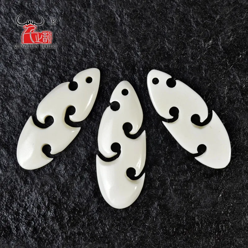 3PCS Handmade Carved Yak Bone Sea Wave Pendant New Zealand Maori Style Bone white Beads DIY Jewelry Accessory 42mmX16mm