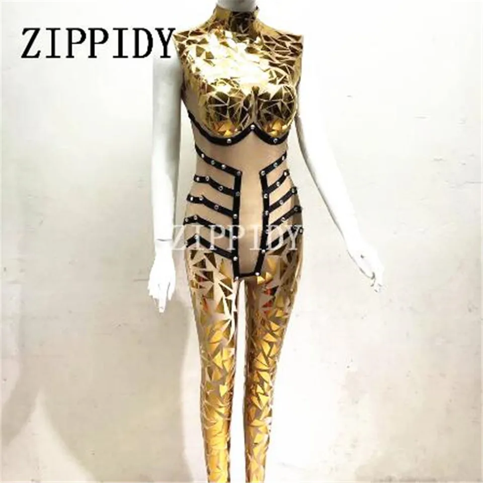 New Style Sparkly Gold Sequins Jumpsuit Sexy Glisten Crystals Costume Evening Outfit Party One-Piece Design Stage Show Rompers