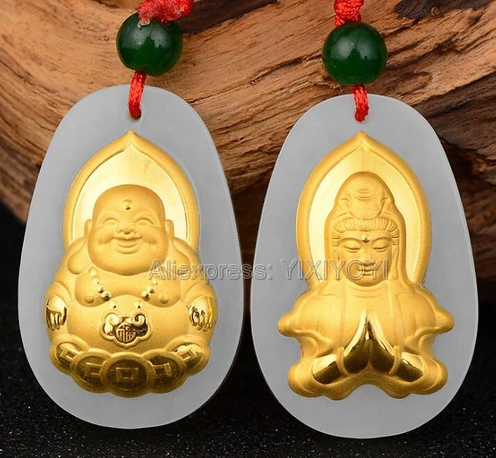 Natural White Hetian Jade 18K Solid Gold Inlaid Carved GuanYin Buddha Lucky Amulet Pendant + Rope Necklace Jewelry + Certificate