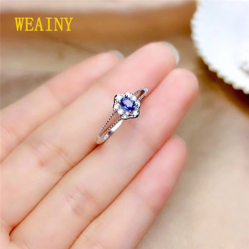 

WEAINY S925 Sterling Silver Ring Genuine Natural Sri Lanka Sapphire Birthstone Ring Ladies Blue Gemstone Fashion Pop Ring