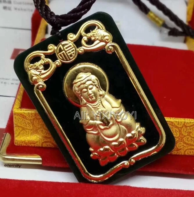 Charming Natural Black Green Hetian Jade + 18K Gold Inlaid Chinese GuanYin Buddha Lucky Pendant + free Necklace Fine Jewelry