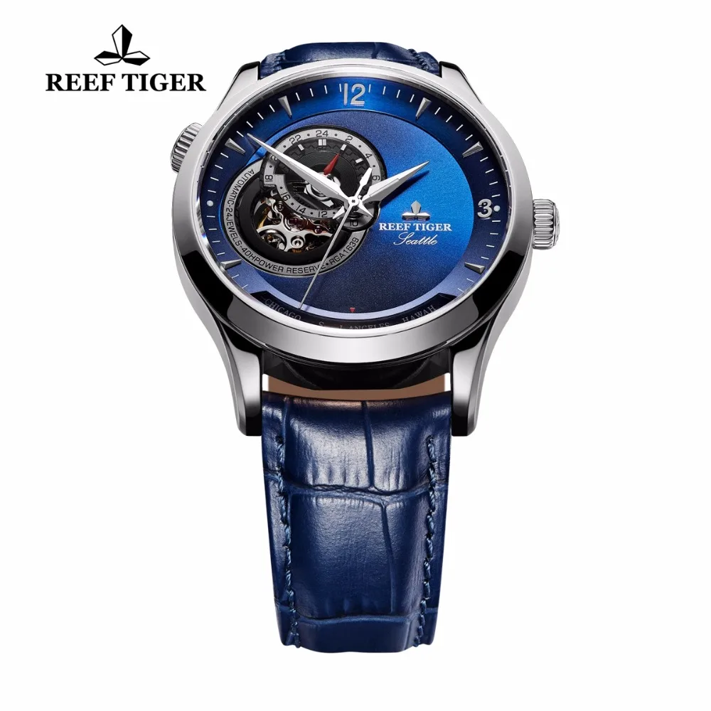 Imagem -02 - Reef Tiger Relógio de Pulseira de Couro Genuíno Relógios Casual Designer Mostrador Azul Aço Inoxidável Automático Rga1693