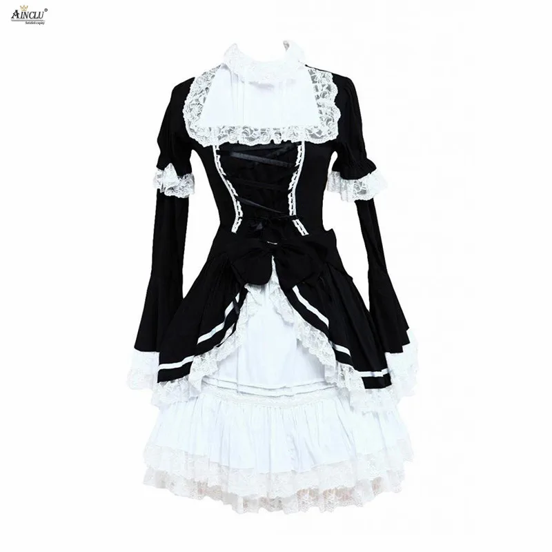 

Classic Lolita Dress Womens Cotton Black&White Long Sleeves Cospaly Classic School Vintage Lolita Dress/Supporting Customization