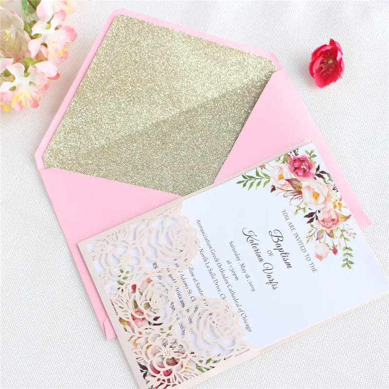 

Spring rose wedding invitation with glittery envelop offer personalized printing wedding announcement supply