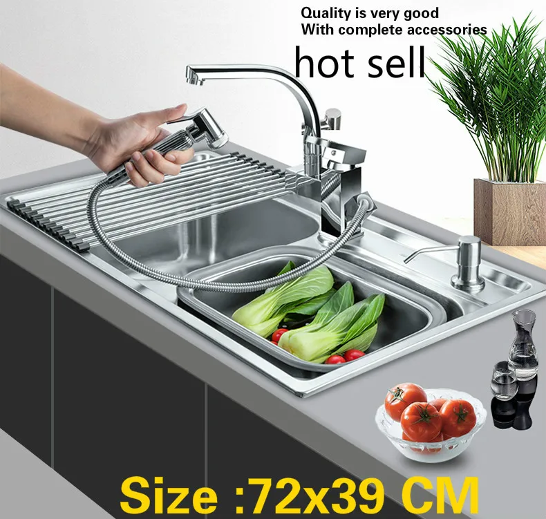 

Free shipping Hot sell household standard multifunction kitchen double groove sink 304 stainless steel wash the dishes 72x39 CM