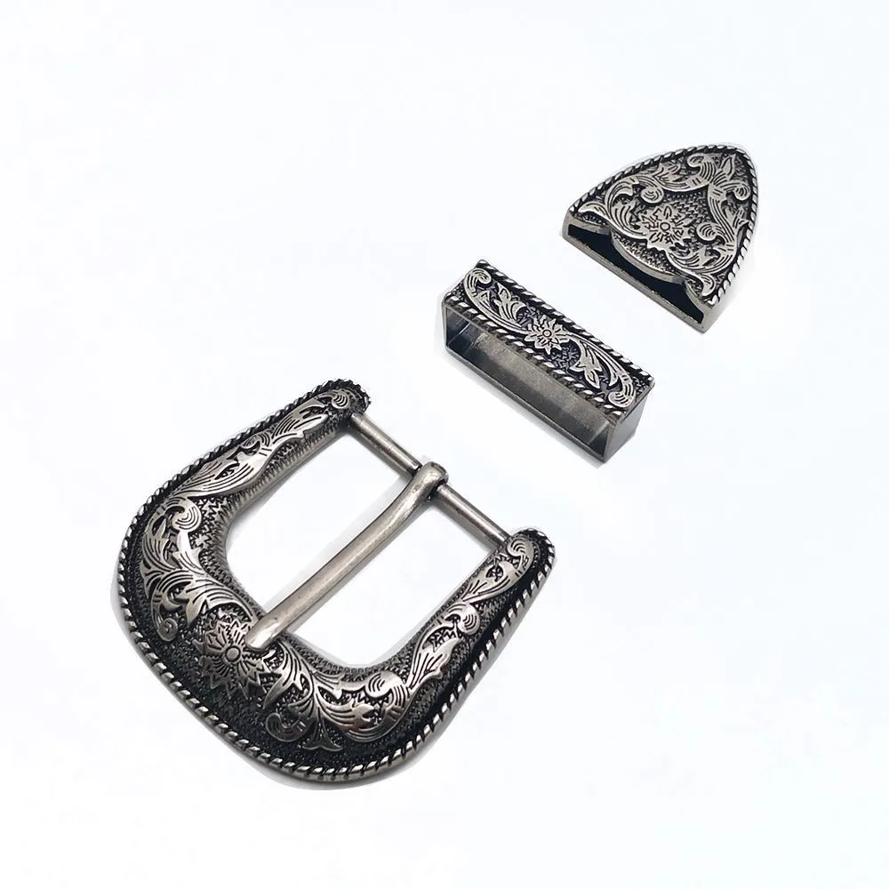 38mm vintage carve pattern beautiful metal women men DIY leather craft belt buckle set antique silver color 3pcs parts/set