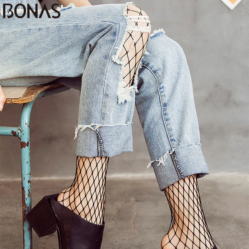 BONAS Black Nylon Fishnet Tights for Women, Small, Middle, Big Mesh, Sexy Pantyhose, Breathable Stockings, Hollow Female