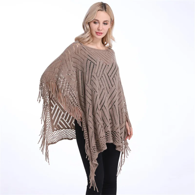 Summer Autumn Woman PonchoThin Sweater Solid Hollow Poncho Cardigan Plus Size Sweaters Tassel Pullovers Bikini Cover Up