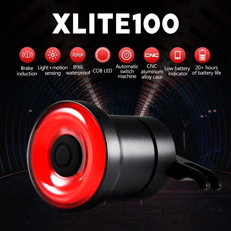 XLITE100 LED Bike Flashlight For Bicycle Auto Start/Stop Brake Sensing IPx6 Waterproof USB Smart Brake Tail Light