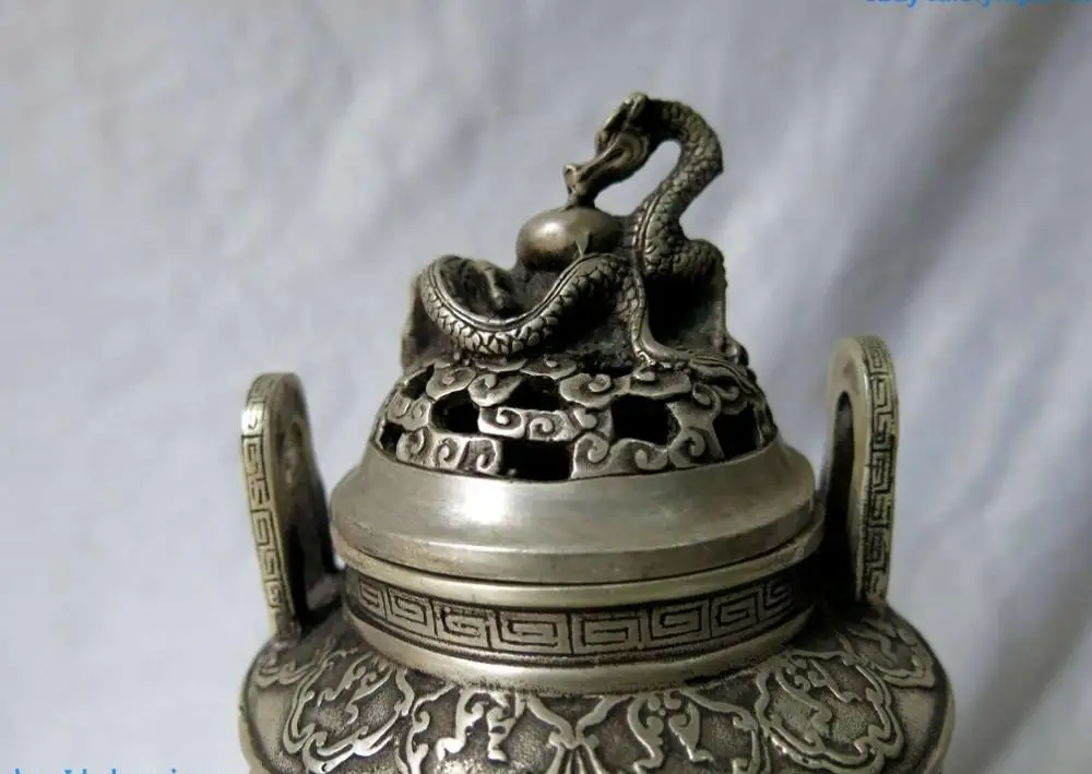 30CM China Tibet silver dragon Yuan Bao Buddha Censer Fine Incense Burner Statue