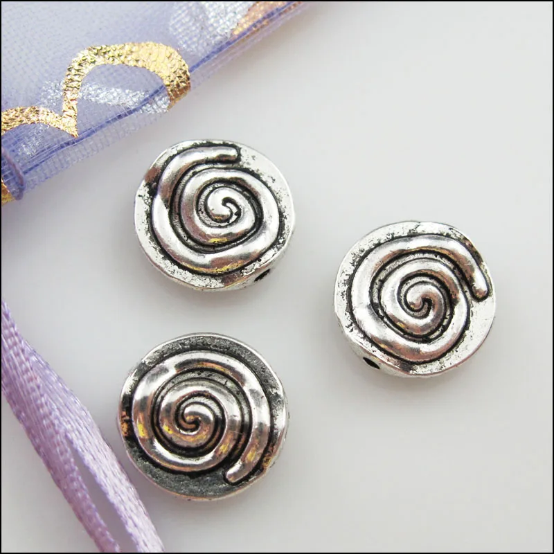 20Pcs Tibetan Silver Color spiral Rotating Round Flat Spacer Beads Charms 12mm