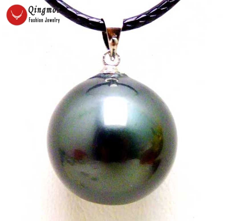 

Qingmos 18mm Round Luster Black Sea Shell Pearl Pendant Necklace for Women Jewelry with 18" Leather Cord Chokers nec5931
