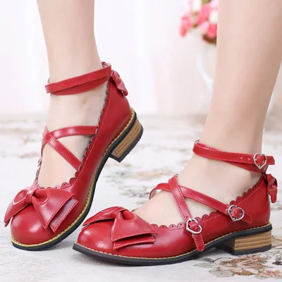 Zapatos de princesa Lolita con lazo y tacón bajo, zapatillas de plataforma plana de cabeza redonda, estilo japonés, color negro/Rosa/Blanco/azul/marrón/púrpura