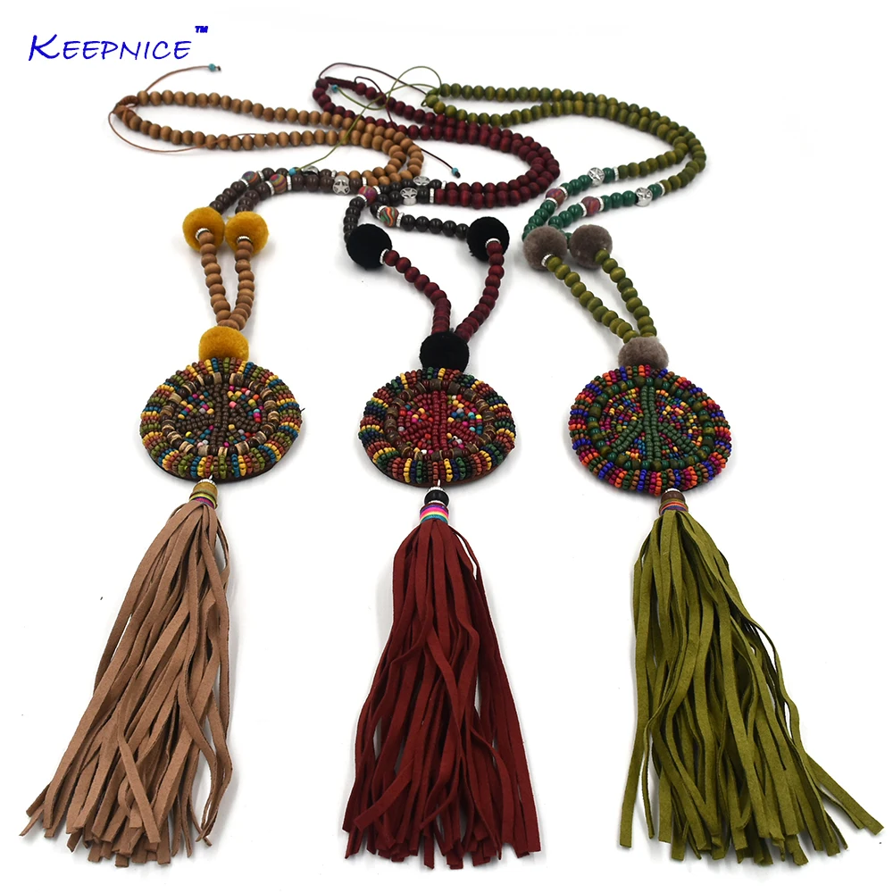 New handmade leather tessal peace symbol pendents necklace boho Bohemia Seedbeads chain Ethnic long Necklaces  for women