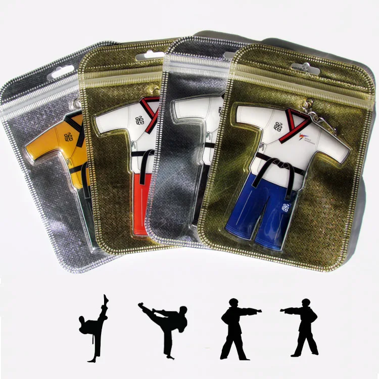 12pcs/lot) New poomsae dobok keychains taekwondo v neck 4 colors doboks key chains gifts for childrens students wholesale