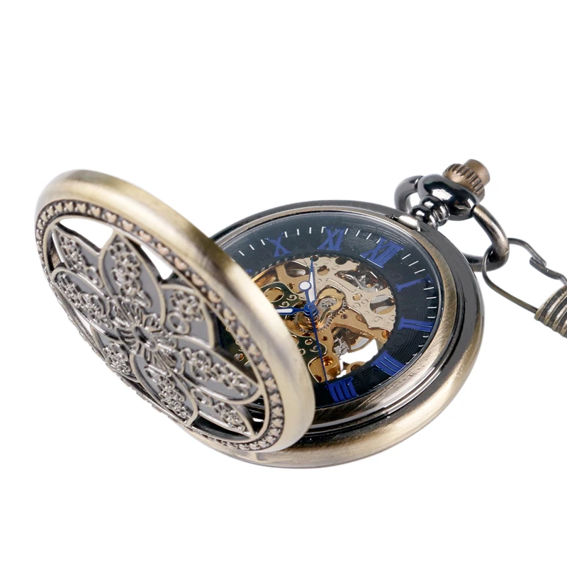 Exquisite Luxury Lotus Flowers Mechanical Hand Wind Pocket Watch Fashion Carving Bronze Skeleton Fob Watches Gift Necklace Gift