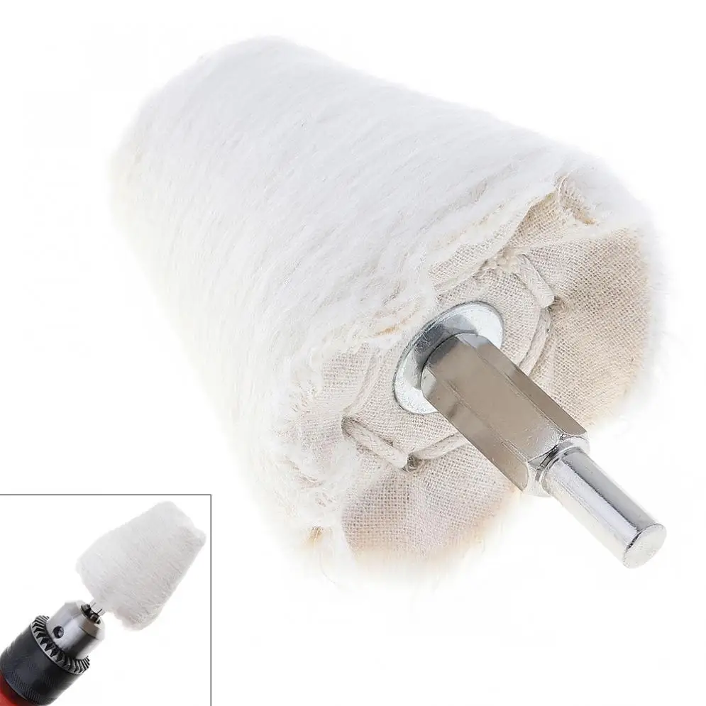 

2 Inch Cone Shape White Cloth Polishing Wheel Mirror Polishing Buffer Cotton Pad with 6mm Shank Diameter for Surface Grinding