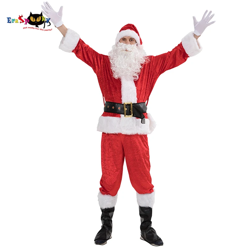 Eraspooky Christmas Costume Men Santa Claus Costume Thickness Christmas Clothing Full Set Coat Pants Belt Glove Boot 5 pcs Set