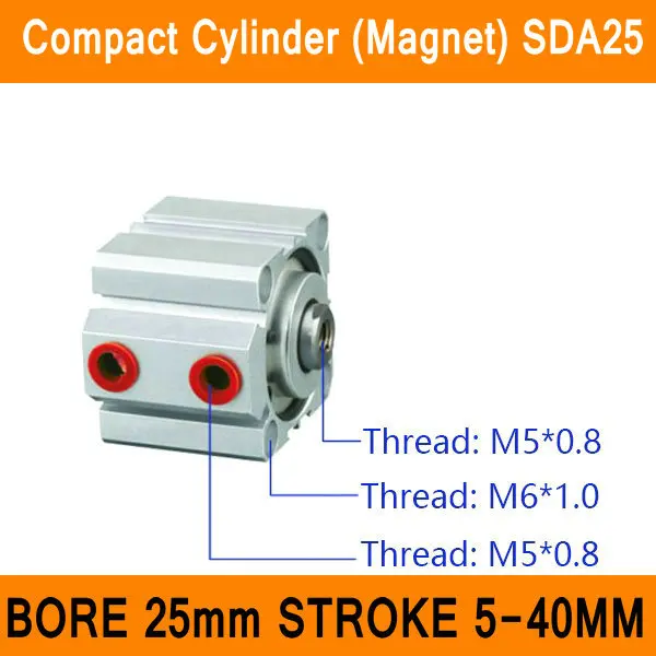 SDA25 Cylinder Magnet SDA Series Bore 25mm Stroke 5-40mm Compact Air Cylinders Dual Action Air Pneumatic Cylinder ISO