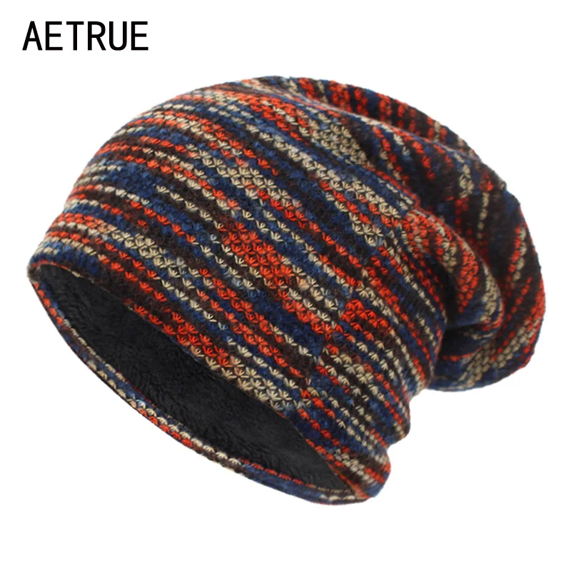 AETRUE Dzianinowa czapka damska Skullies Czapki zimowe dla mężczyzn Czapki z daszkiem w paski Ciepła, luźna, miękka wełniana czapka męska