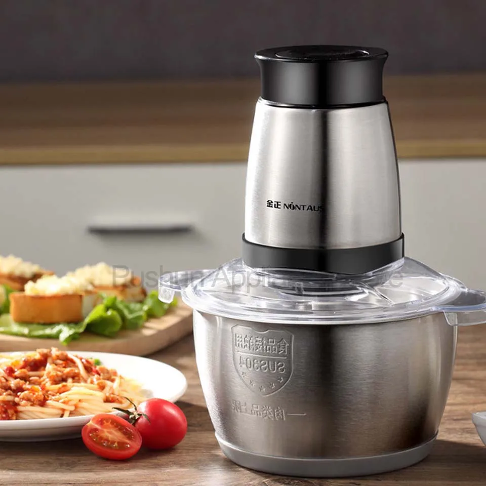 Hachoir électrique ménager en acier inoxydable, 2 vitesses, 1,8 l de capacité, pour hacher la viande, le gingembre, l'ail, le piment