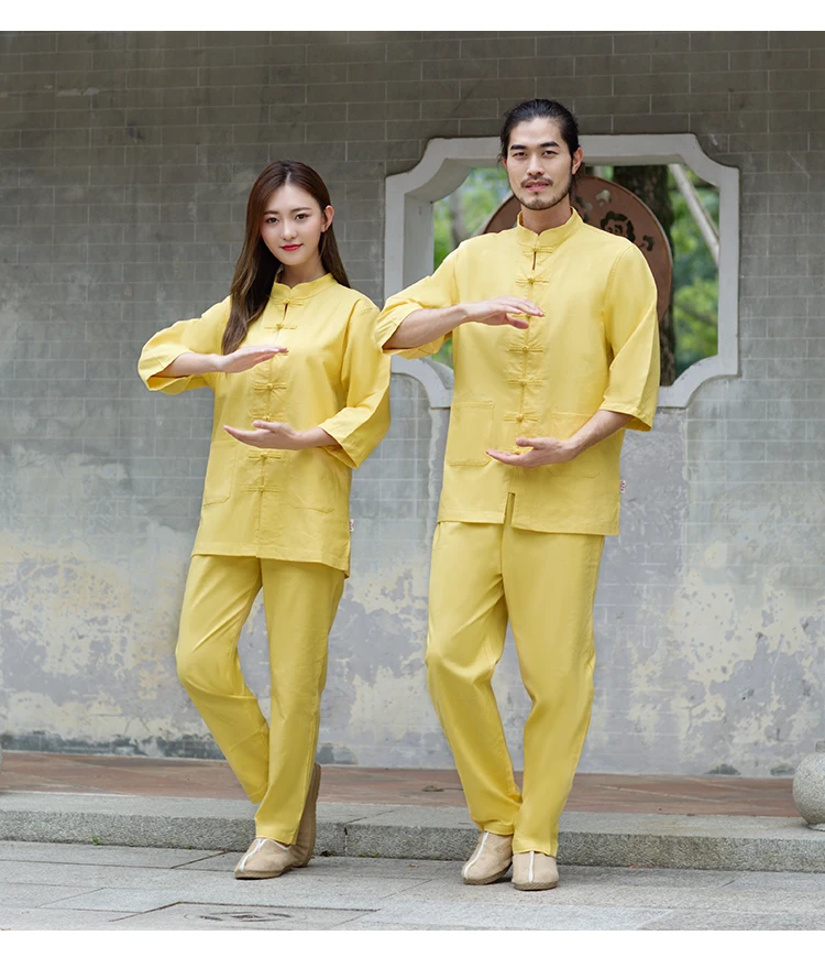 Spring Summer Kungfu Clothing Taiji Flax Half Sleeve Wushu Performance Costume Cotton Linen Comfortable Suits Top + Trousers