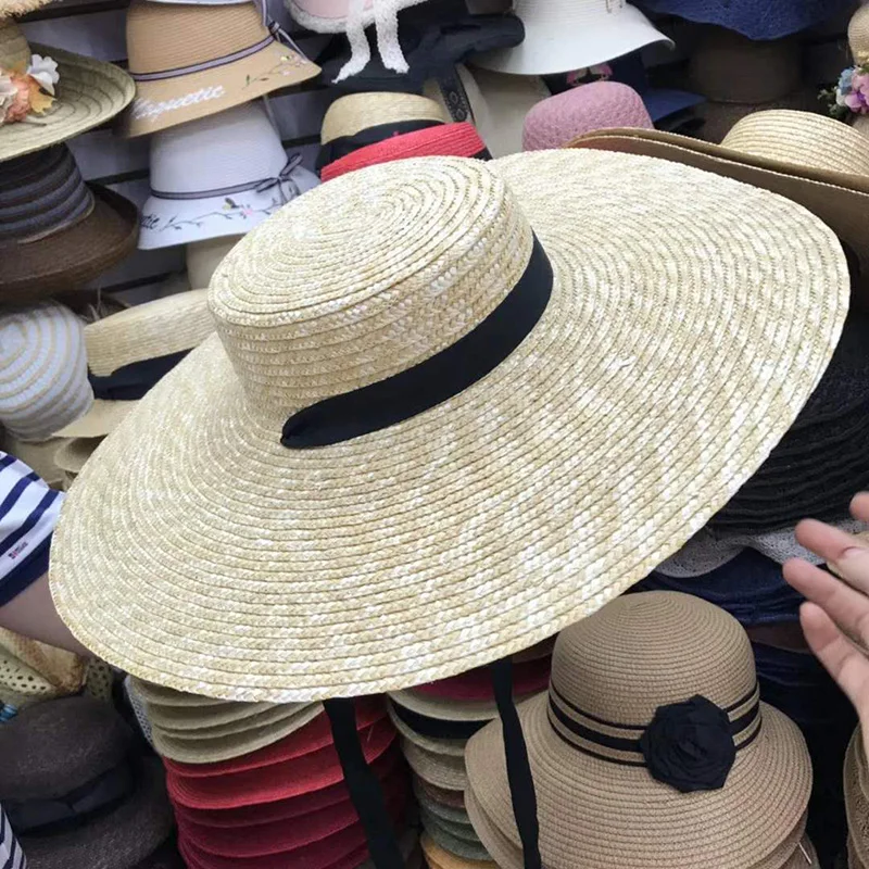 Cappello da donna in paglia di grano naturale cravatta a nastro 15cm cappello da barca a tesa larga Derby Beach cappello da sole cappello da donna estate tesa larga protezione UV cappelli