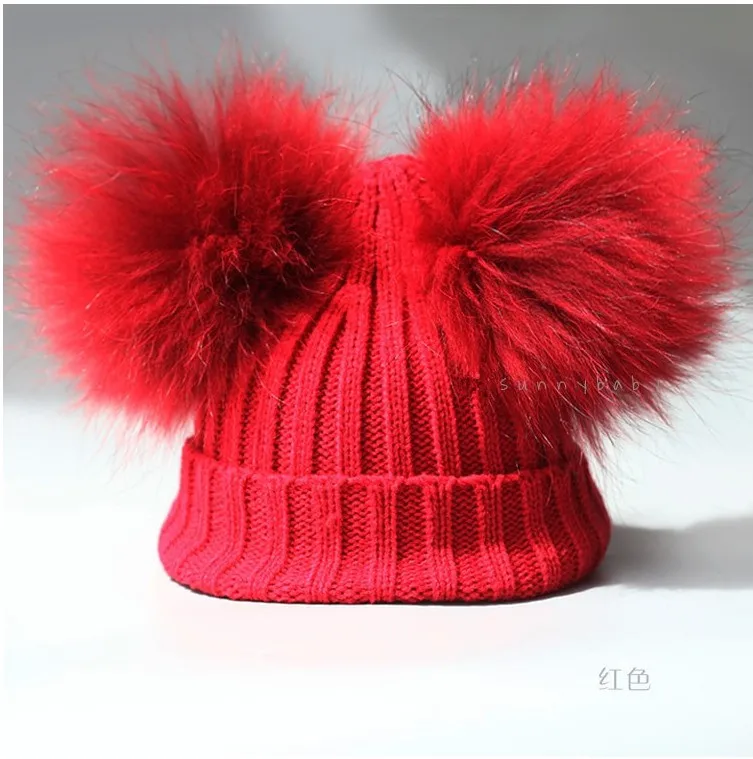 Fur Hat Scarf Set Girls Boys Autumn Thick Warm Baby Cute Children Pompon Cap Scarf Real Raccoon Fur Pompom Set Hat Scarf  Kids