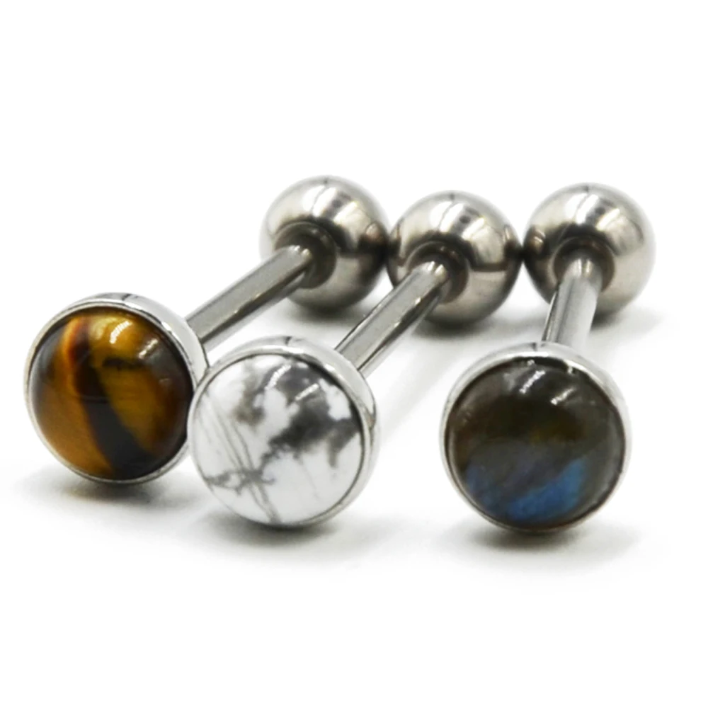 1Piece Titanium Or Steel Barbell Labradorite Tiger Eye White Line Stone Tongue Barbell Ring Body Piercing Tougue Bar Jewelry