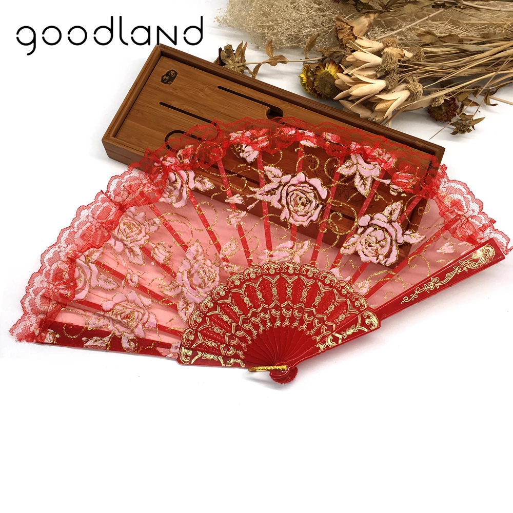 

Free Shipping 10pcs Luxury Rose Pattern Glitter Floral Lace Hand Fan Party Dance Folding Hand Fan Dance Party Kraft Gifts