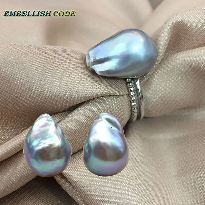 

Resize baroque pearls 925 silver Ring stud earring set gray grey colourful Lustrous flameball for women