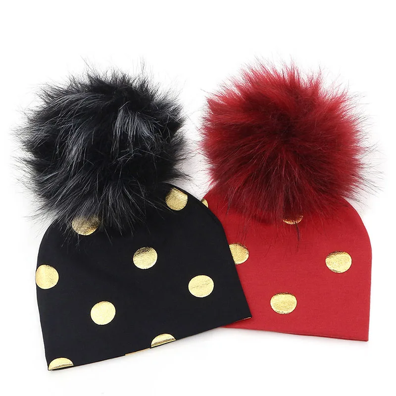 GZHilovingL 2018 Brand Newborn Kids Baby Boys Girls Warm Winter Spotted Cotton Beanie Fur Pom Pom Bobble Hat Cap Winter Warm Hat