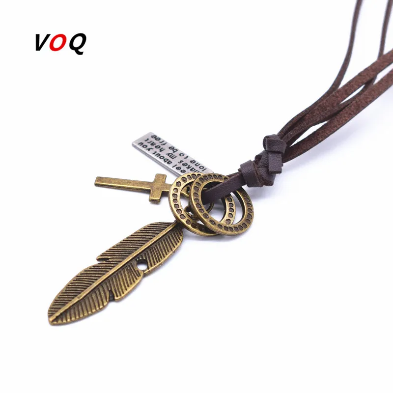 VOQ 2017 Fashion Vintage Feather Pendant Necklaces For Women Men Friendship Adjustable Long Leather Rope Chain Necklace Jewelry