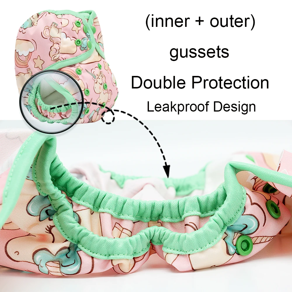 Goodbum-조절 가능한 사자 풀 프린트 천 기저귀 커버, 더블 거싯 재사용 가능한 기저귀 아기 기저귀