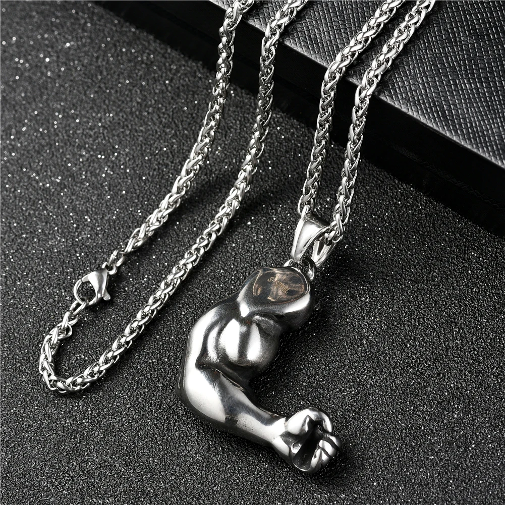 Strong Muscle Arm Pendant Necklaces Men Stainless Steel Sports Fitness Hip Hop Bodybuilding Necklace With Gift Bags