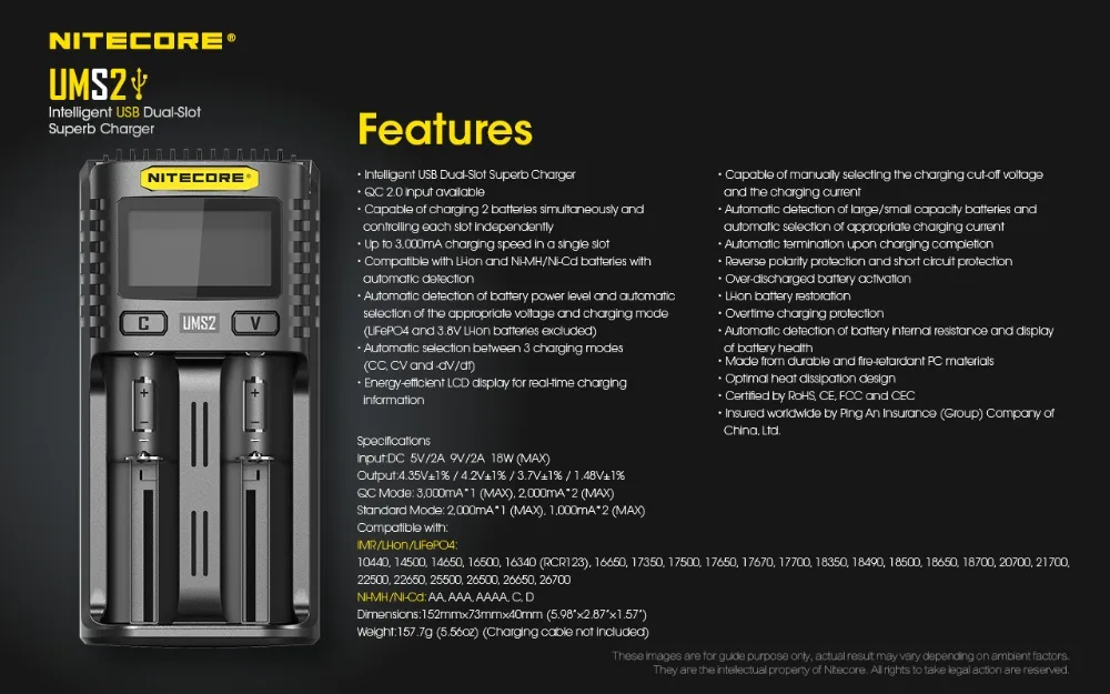 NITECORE UMS2 C4 VC4 LCD Smart Battery Charger for Li-ion/IMR/INR/ICR/LiFePO4 18650 14500 26650 AA 3.7 1.2V 1.5V Batteries D4