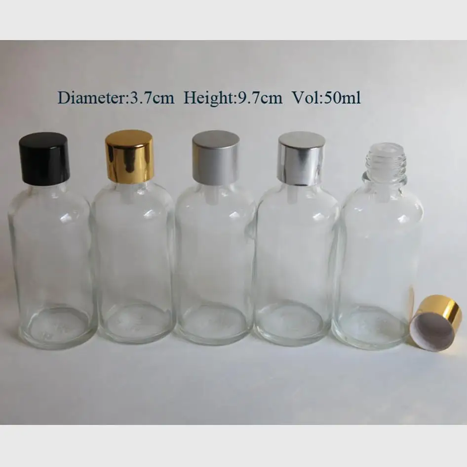 

wholesale 100pcs 50ml clear glass bottle with reducer dropper and tamper evident lid, glass 50ml clear essential oil bottle