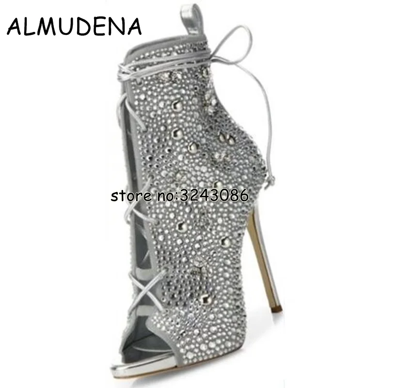 Botines con cordones y diamantes de imitación para mujer, botas de tacón alto fino con punta abierta, sandalias de estilo romano